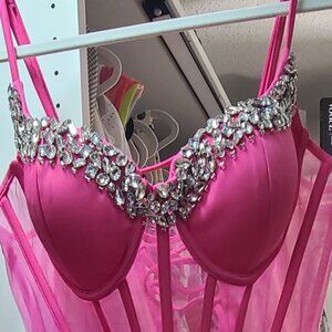 Hot pink bodycon corset style dress with rhinestone embleshment